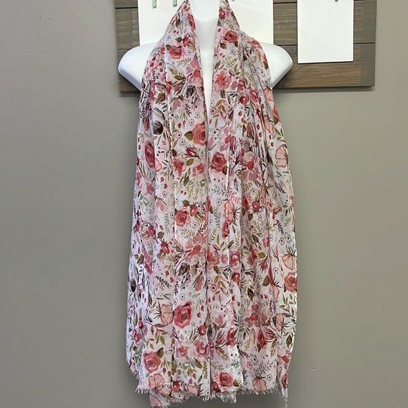 Marcus Adler New York Floral Large White Fashion Scarf with Frayed Edges- OS - Picture 1 of 14